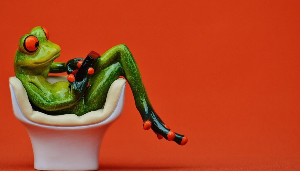 rana finta seduta in poltrona con tablet in mano