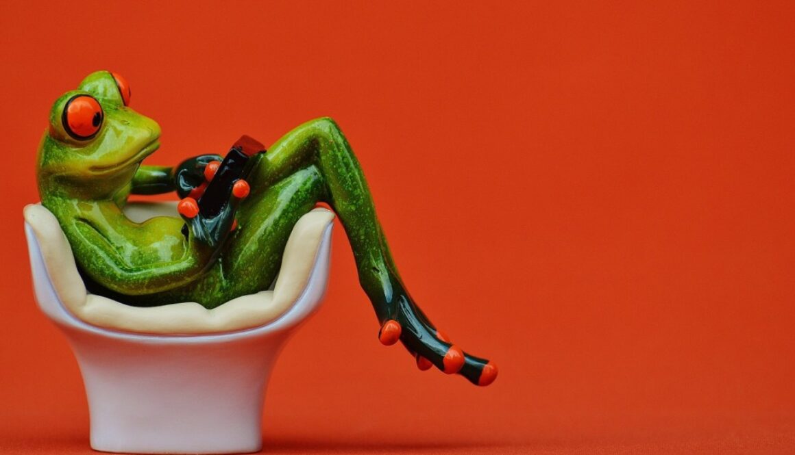 rana finta seduta in poltrona con tablet in mano