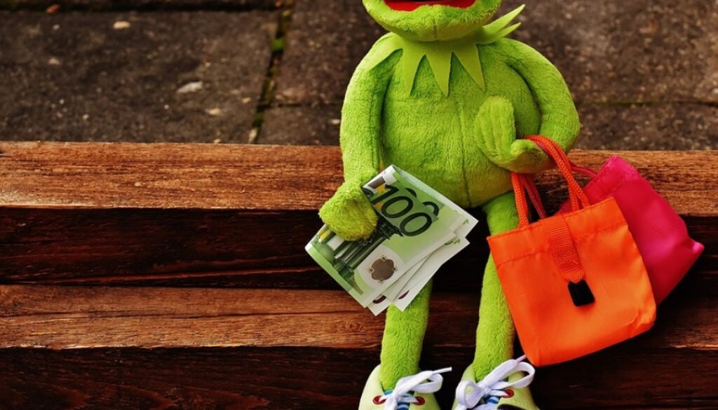 rana pupazzetto con soldi e borse shopping