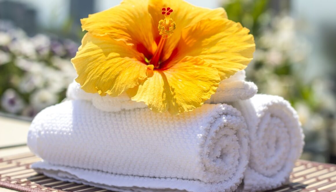 asciugamani e fiore giallo