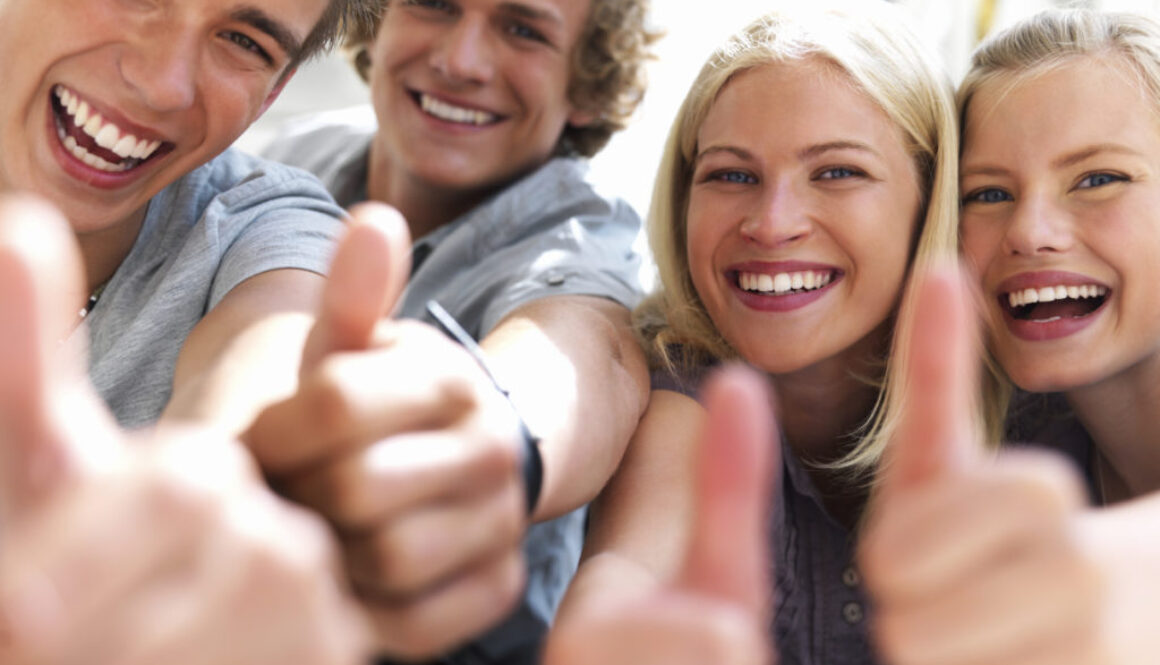 Happy guys and girls expressing happiness