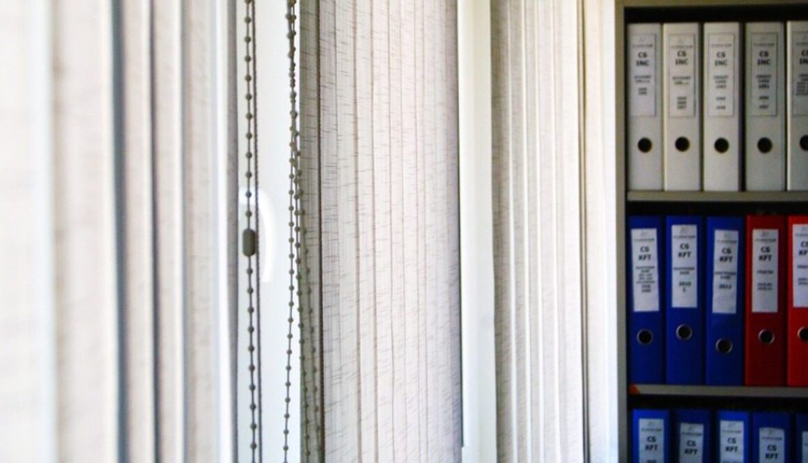 particolare di un ufficio: tenda e scaffalatura con faldoni