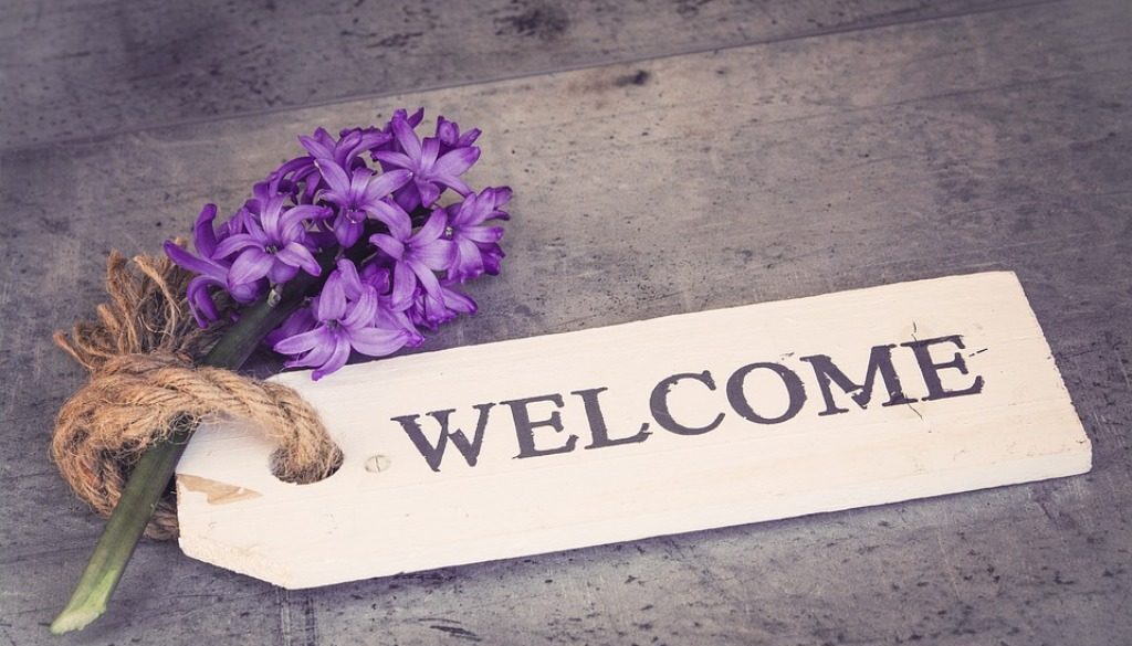 scritta welcome su cartellino e giacinto