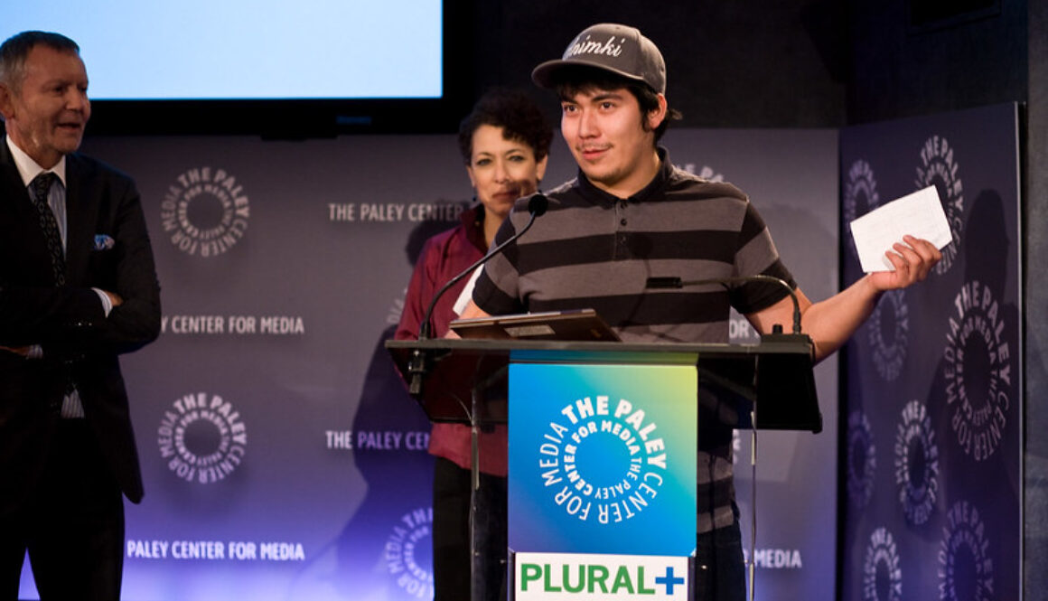 PLURAL+ 2012 Award Ceremony,Emilio Wawatie, director accepting the award on behalf of Wapikoni Mobile (Photo: Dan Sakamoto/UNAOC)