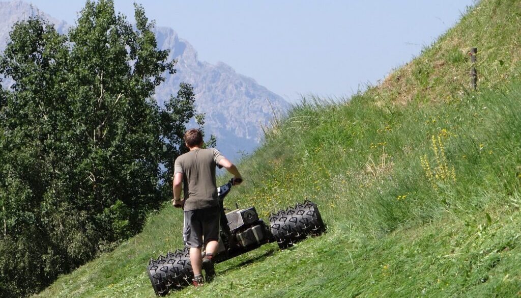 ragazzo che taglia l'erba su pendio di montagna