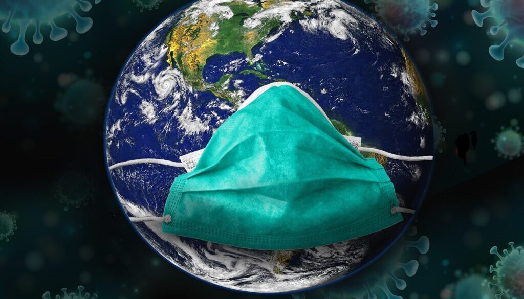 grafica con mondo con mascherina circondato da coronavirus