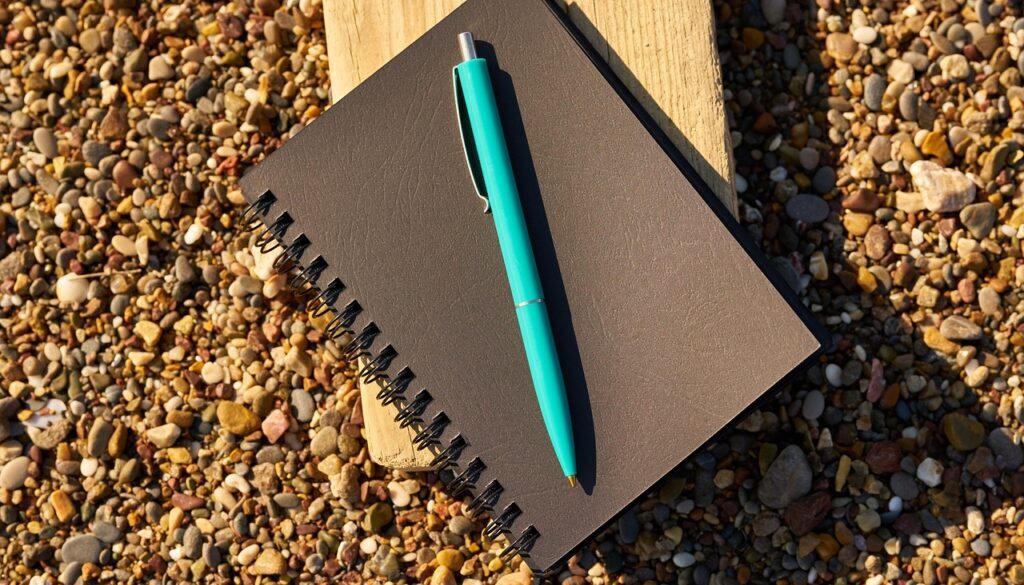 quaderno nero, penna celeste, sassolini di una spiaggia