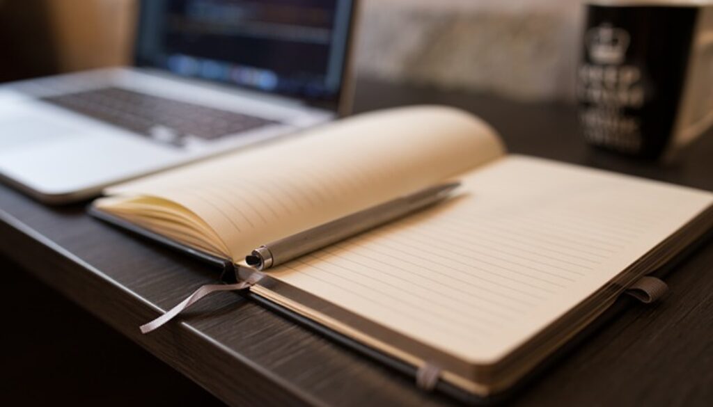 scrivania con computer e agenda