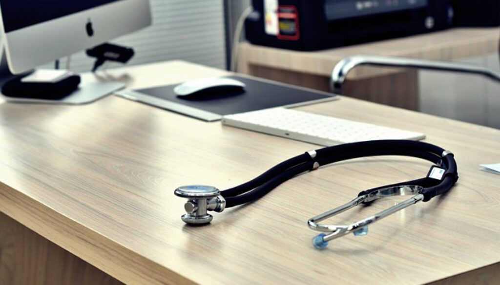 scrivania di medico con stetoscopio e computer