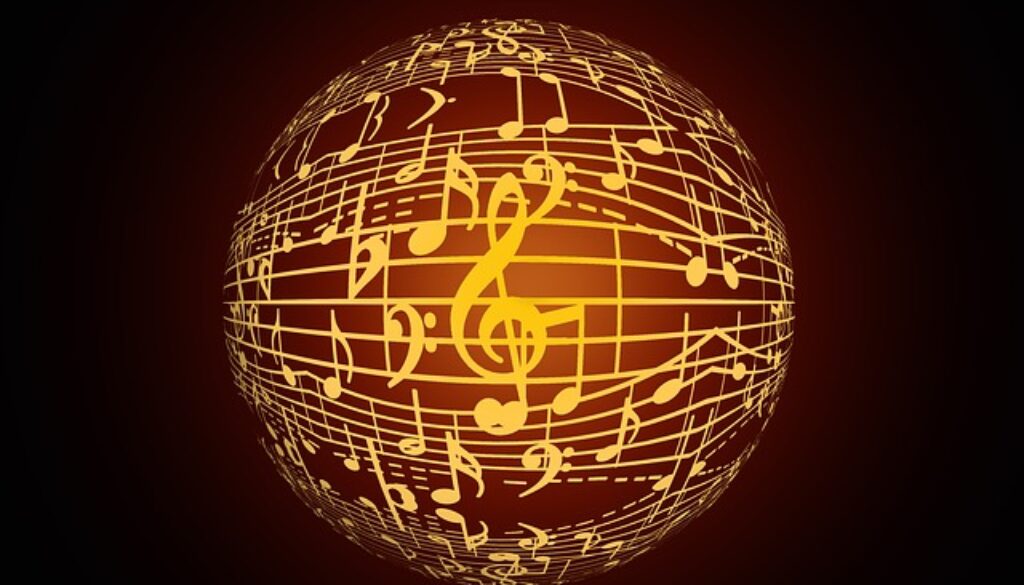 grafica che rappresenta un globo con pentagramma e note musicali