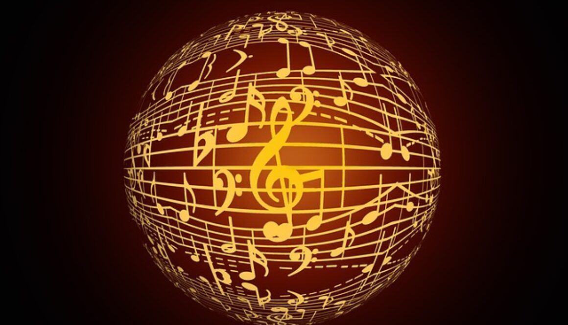 grafica che rappresenta un globo con pentagramma e note musicali