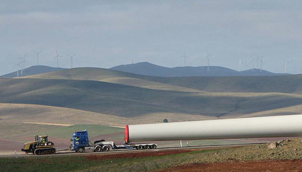 Moving the top one (of 3) sections of the tower of turbine #4 (of 25). The Bluff Wind Farm, between Hallett and Jamestown, South Australia