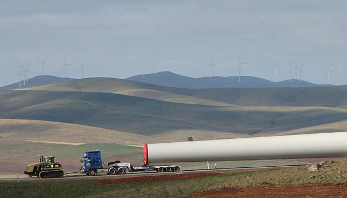 Moving the top one (of 3) sections of the tower of turbine #4 (of 25). The Bluff Wind Farm, between Hallett and Jamestown, South Australia