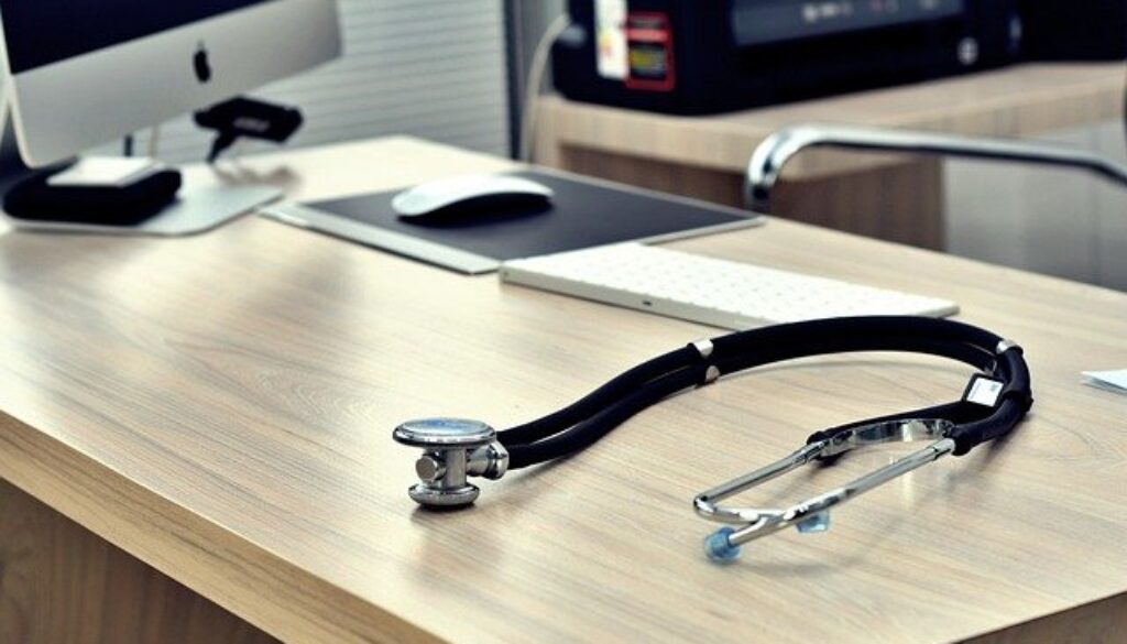 scrivania di studio medico, con pc e stetoscopio