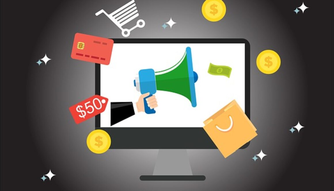 grafica che rappresenta schermo di computer, soldi, carta di credito, carrello, megafono