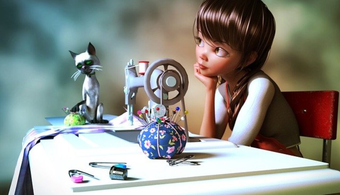 grafica con ragazza alla macchina da cucire