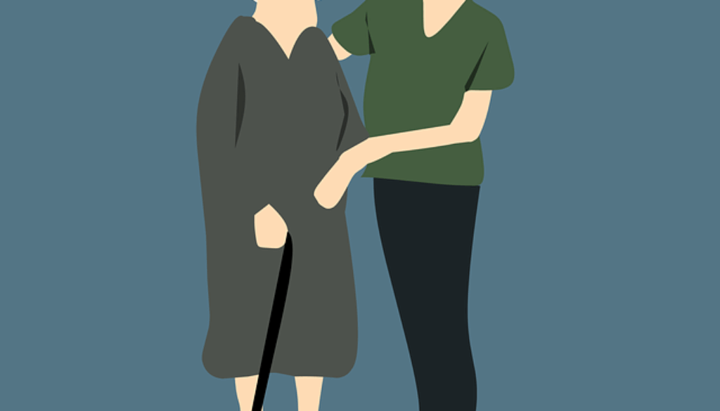 disegno che rappresenta una donna che aiuta un'anziana