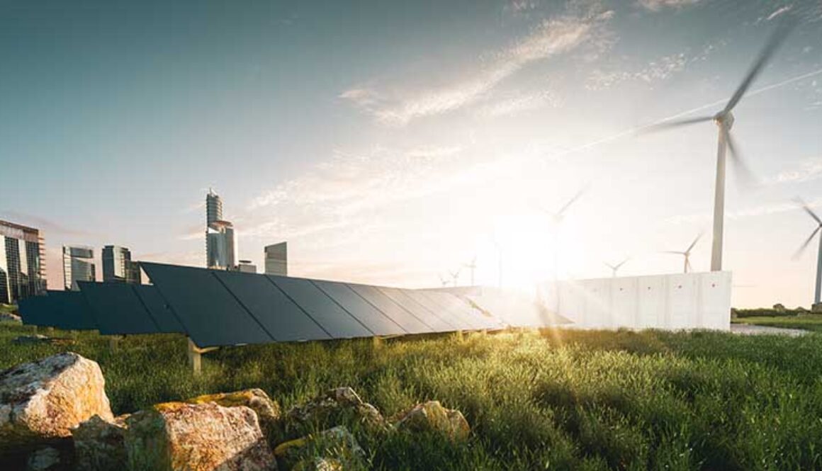 Concept of sustainable energy solution in beautifull sunset backlight. Frameless solar panels, battery energy storage facility, wind turbines and big city with skycrapers in background. 3d rendering.