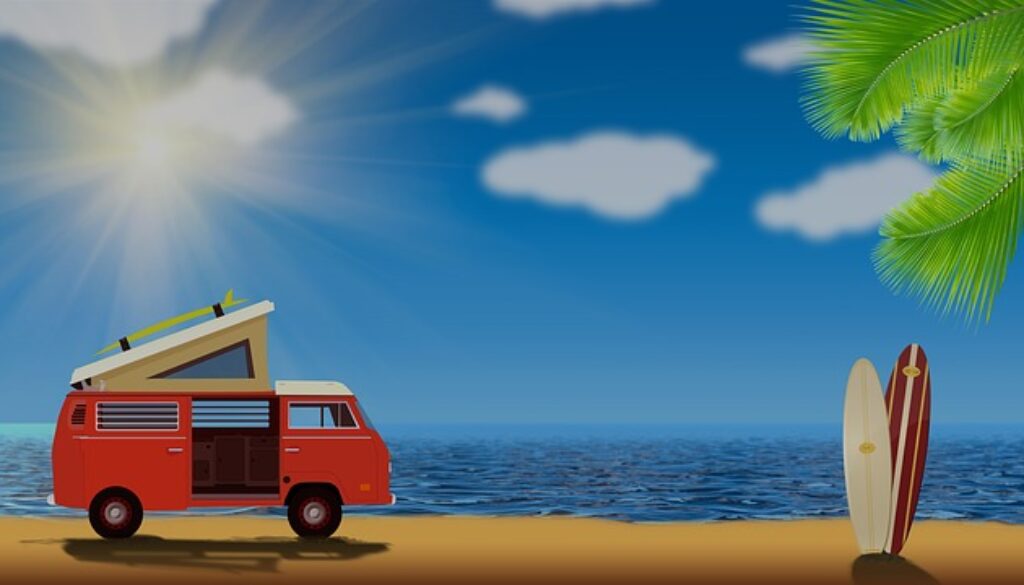 disegno con furgone e surf sulla spiaggia