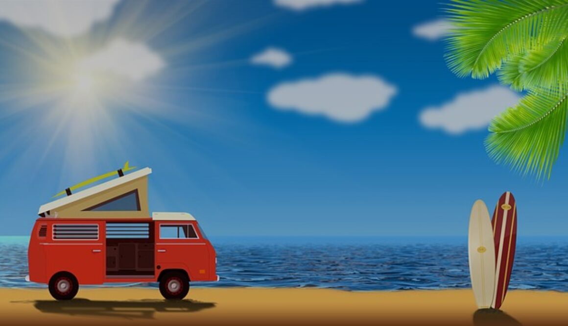 disegno con furgone e surf sulla spiaggia