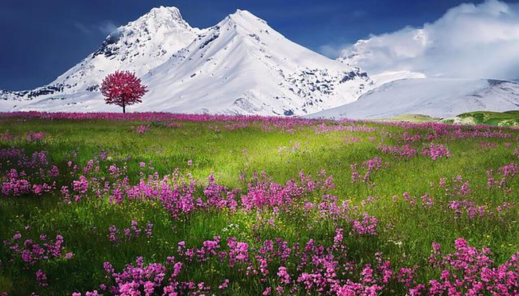montagna con neve e fiori viola