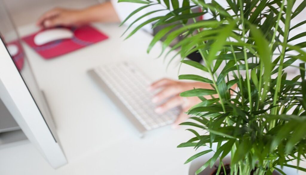 scrivania con computer e addetta