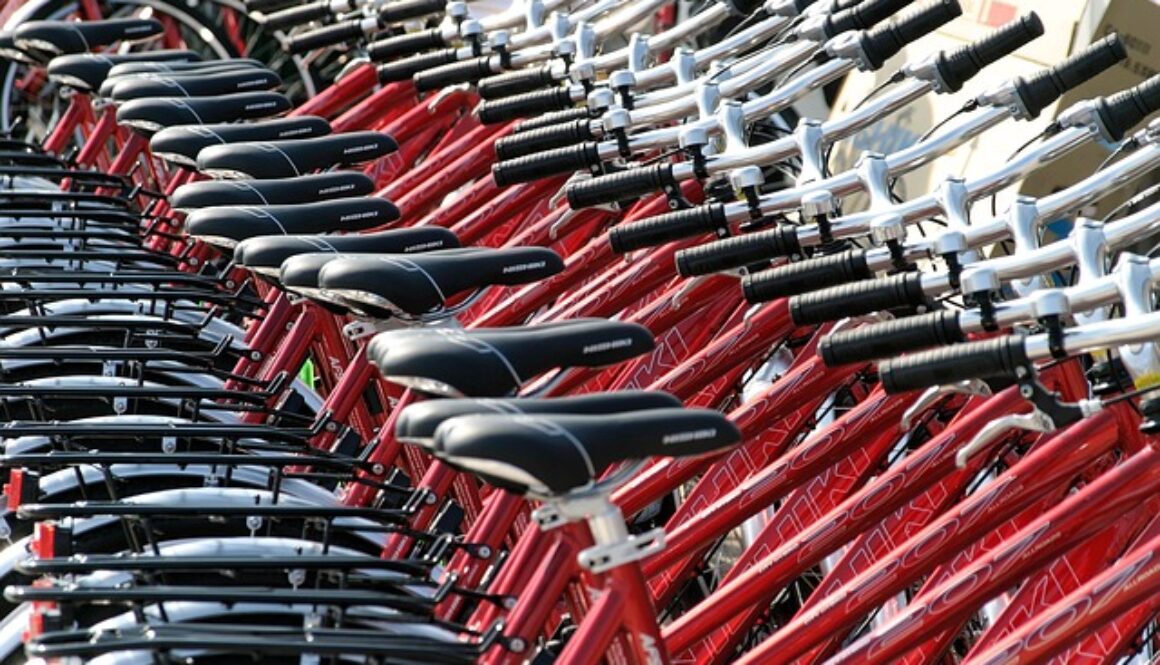 fila di biciclette rosse ad uso pubblico