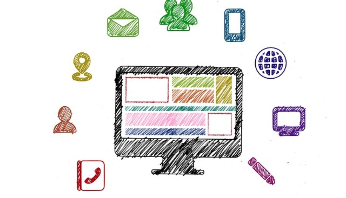 disegno che rappresenta pc con icone intorno: telefono, penna, posta, internet, agenda ecc.