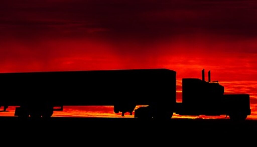 camion con rimorchio al tramonto