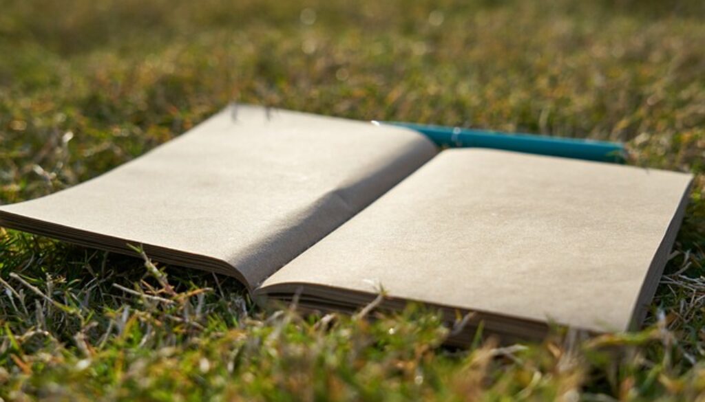quaderno e penna su un prato