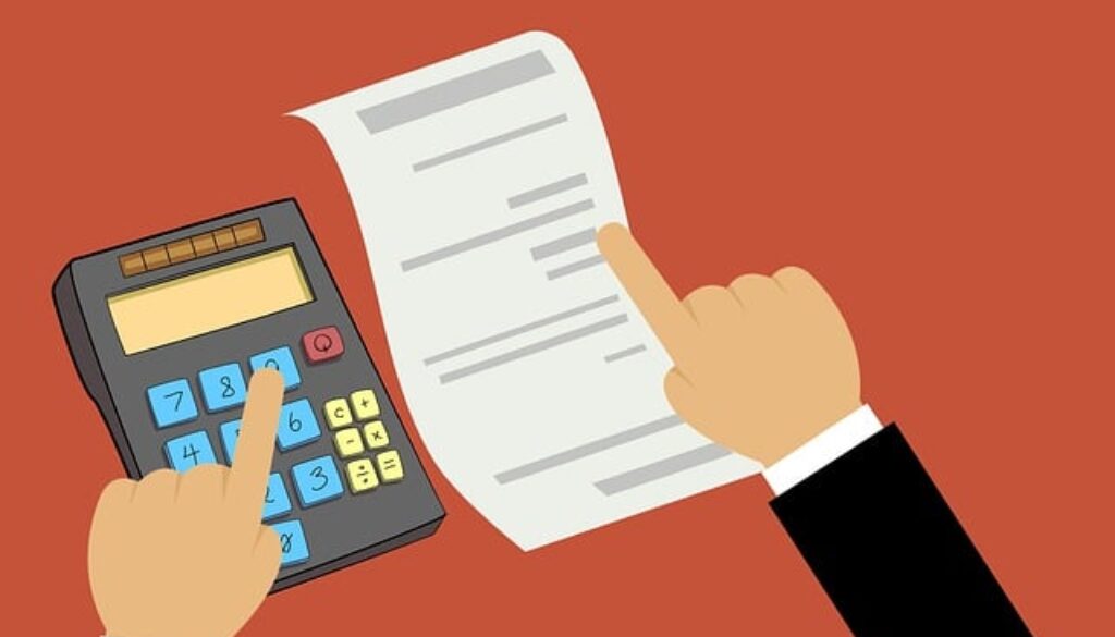 disegno grafico: calcolatrice e addetto alla gestione della busta paga