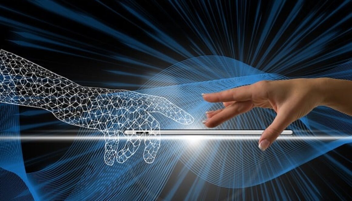 immagine grafica che rappresenta una mano relae che tocca una mano digitale. Partecipa alla call per startup AI 4 future