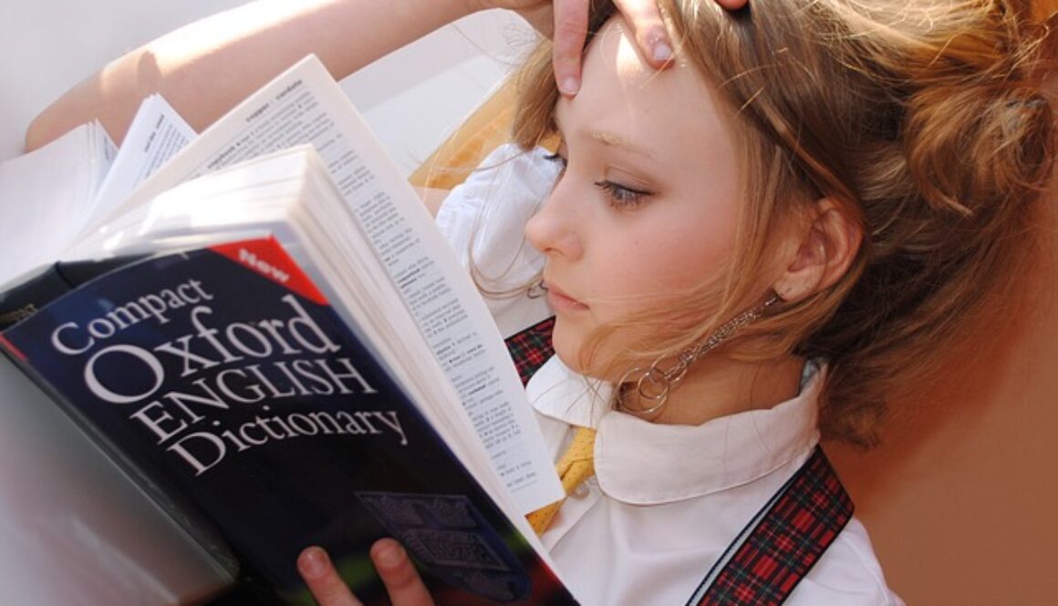 Ragazza legge un dizionario di inglese. Corso di inglese intermedio