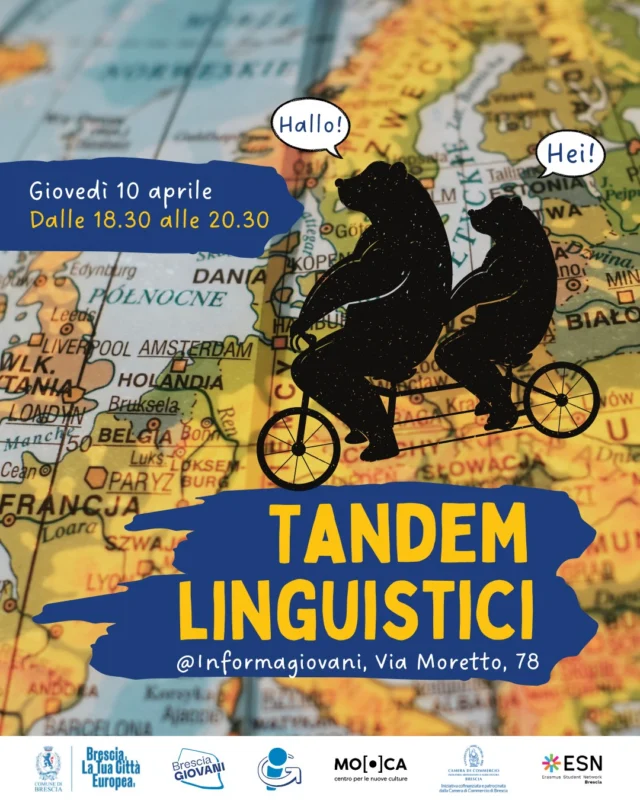 🇬🇧🇫🇷🇮🇹🇪🇸🇩🇪
Inglese, tedesco, spagnolo e francese, italiano: cinque lingue europee per cinque tavoli di conversazione: scegli la lingua in cui ti vuoi esercitare e prenota il tuo posto!

📅 Giovedì 10 aprile
🕒 dalle 18.30 alle 20.30
📍 Informagiovani Brescia - @mo.ca_brescia 
In collaborazione con @esnbrescia 

Iscrizione gratuita al link in bio